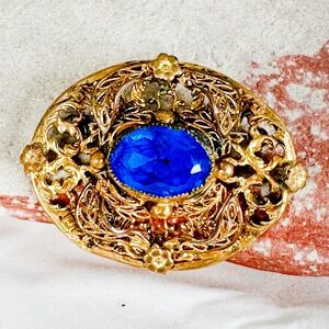 Vintage Gold Tone Filigree Brooch Pin‎ Large Blue Cabochon Stone w/ Patina